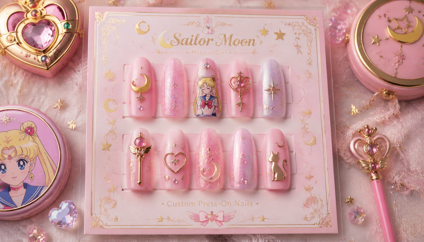 Styling look of Sailor Moon Magical Girl Pastel Pink Coffin Nails on hands matching modern anime fashion