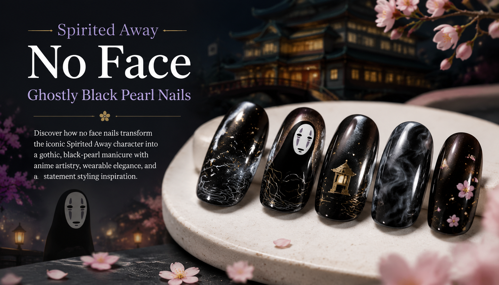 Spirited Away No Face Ghostly Black Pearl Nails