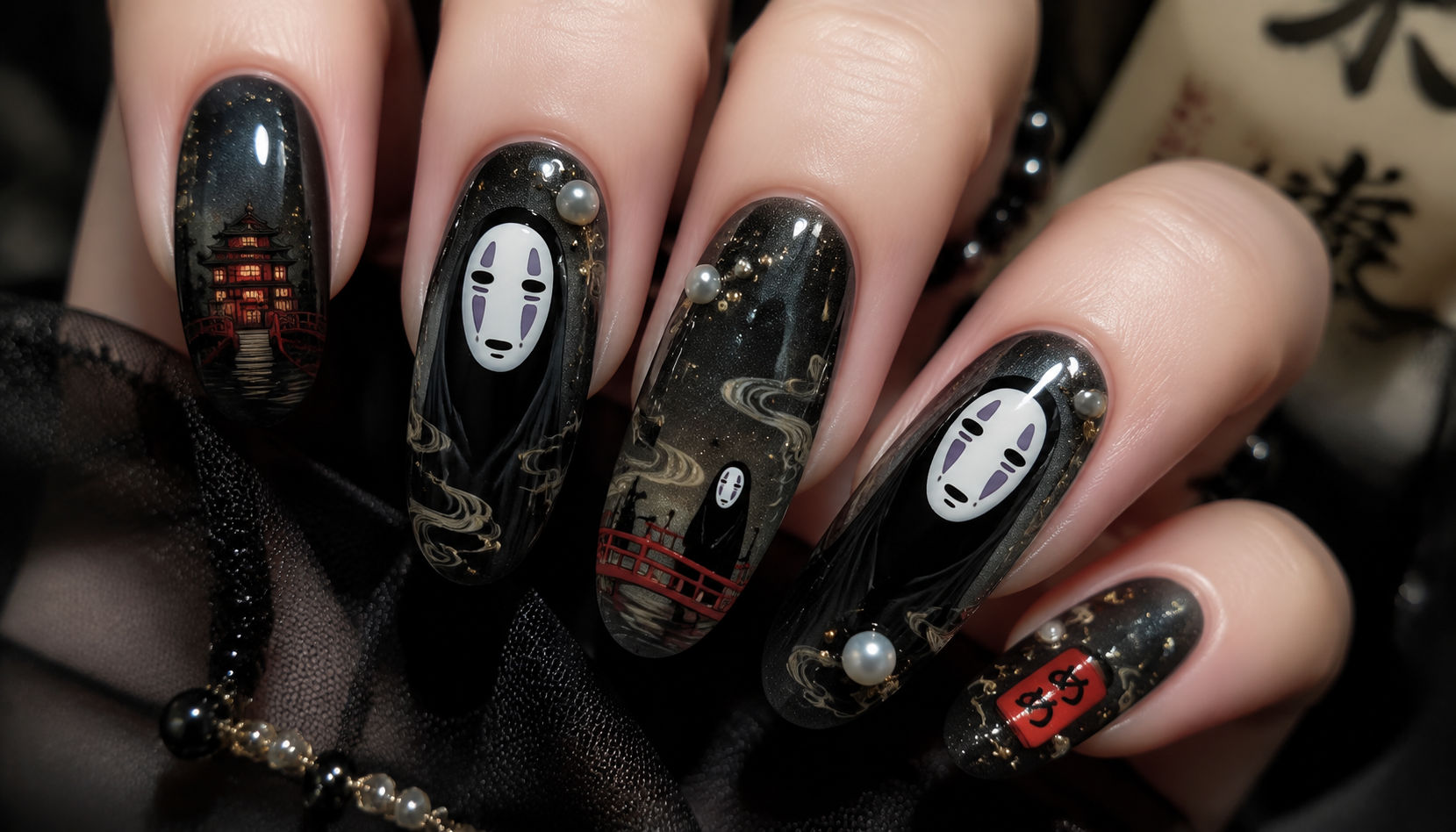Detailed close-up of Spirited Away No Face Ghostly Black Pearl Nails custom handmade nail design