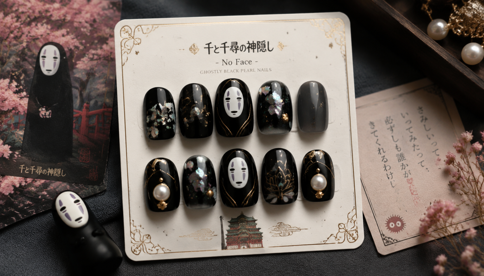 Handmade custom Spirited Away No Face Ghostly Black Pearl Nails worn on hand styling showcase