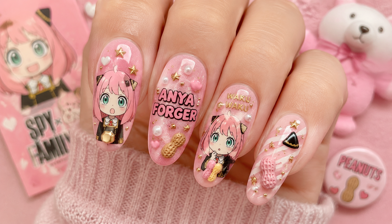 Detailed close-up of Spy x Family Anya Forger Kawaii Pink Peanut Nails custom handmade nail design