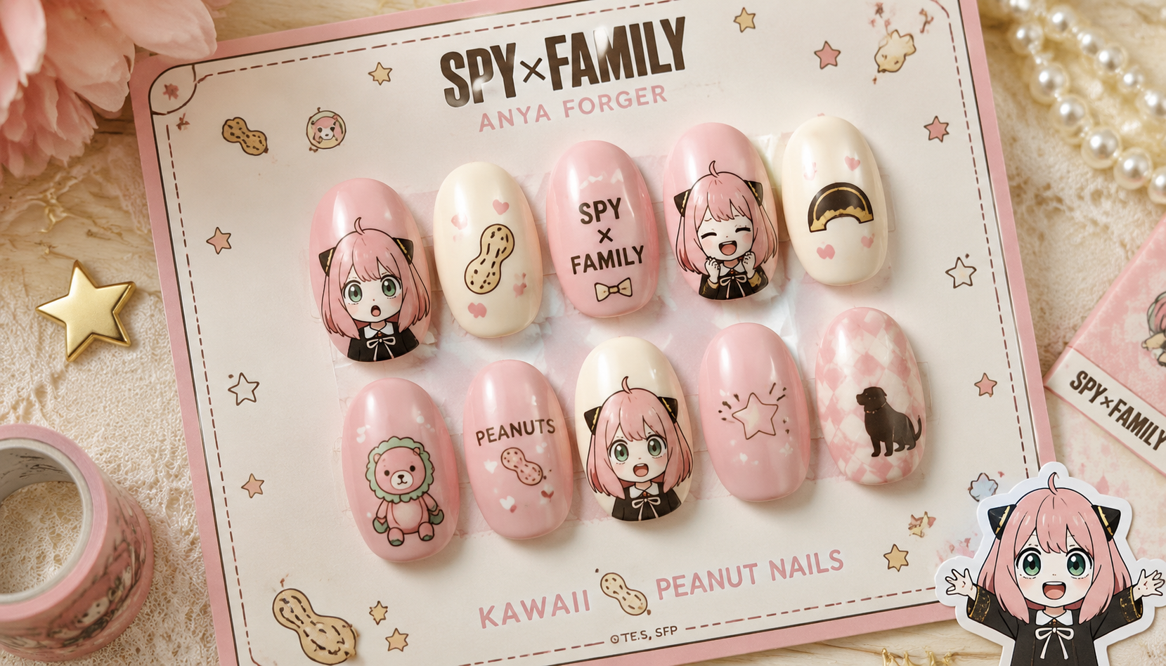 Handmade custom Spy x Family Anya Forger Kawaii Pink Peanut Nails worn on hand styling showcase