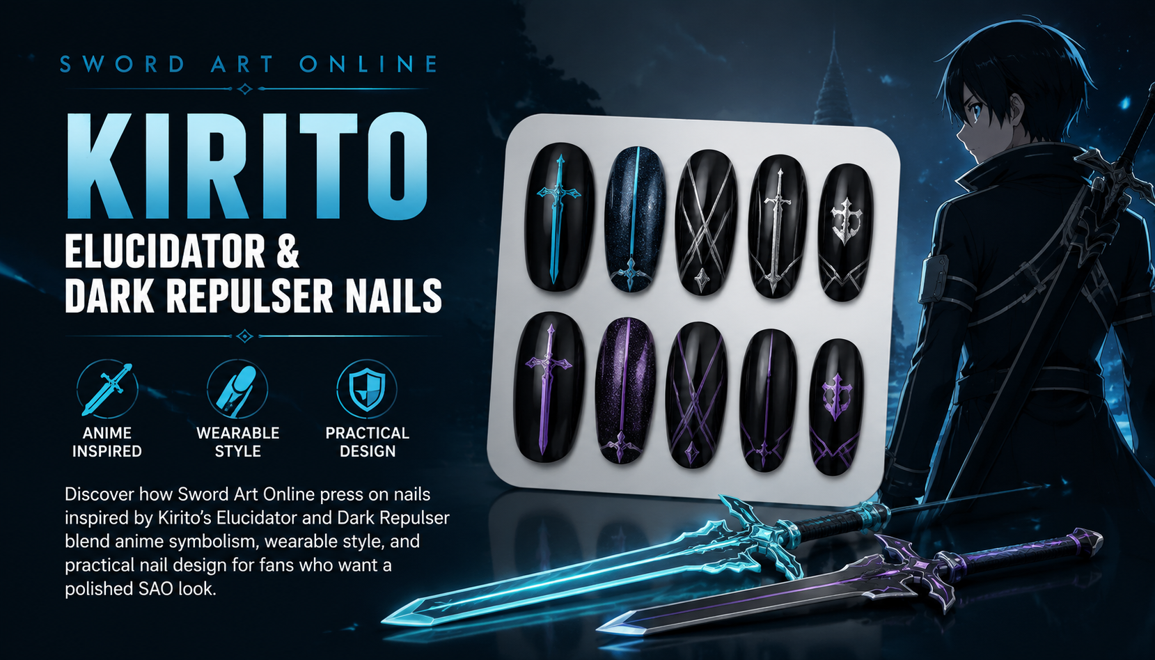 Sword Art Online Kirito Elucidator Dark Repulser Nails