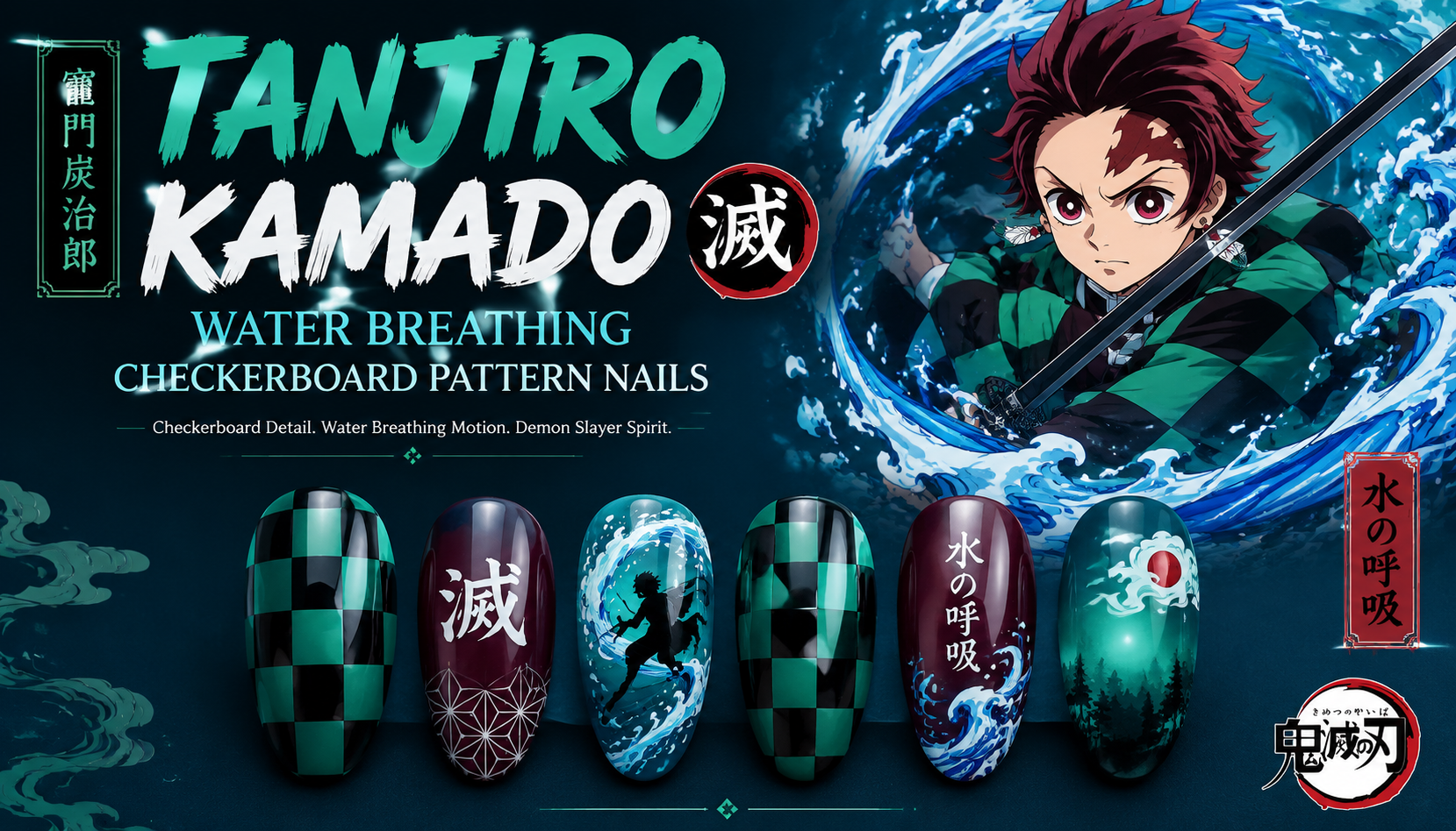 Tanjiro Kamado Water Breathing Checkerboard Pattern Nails