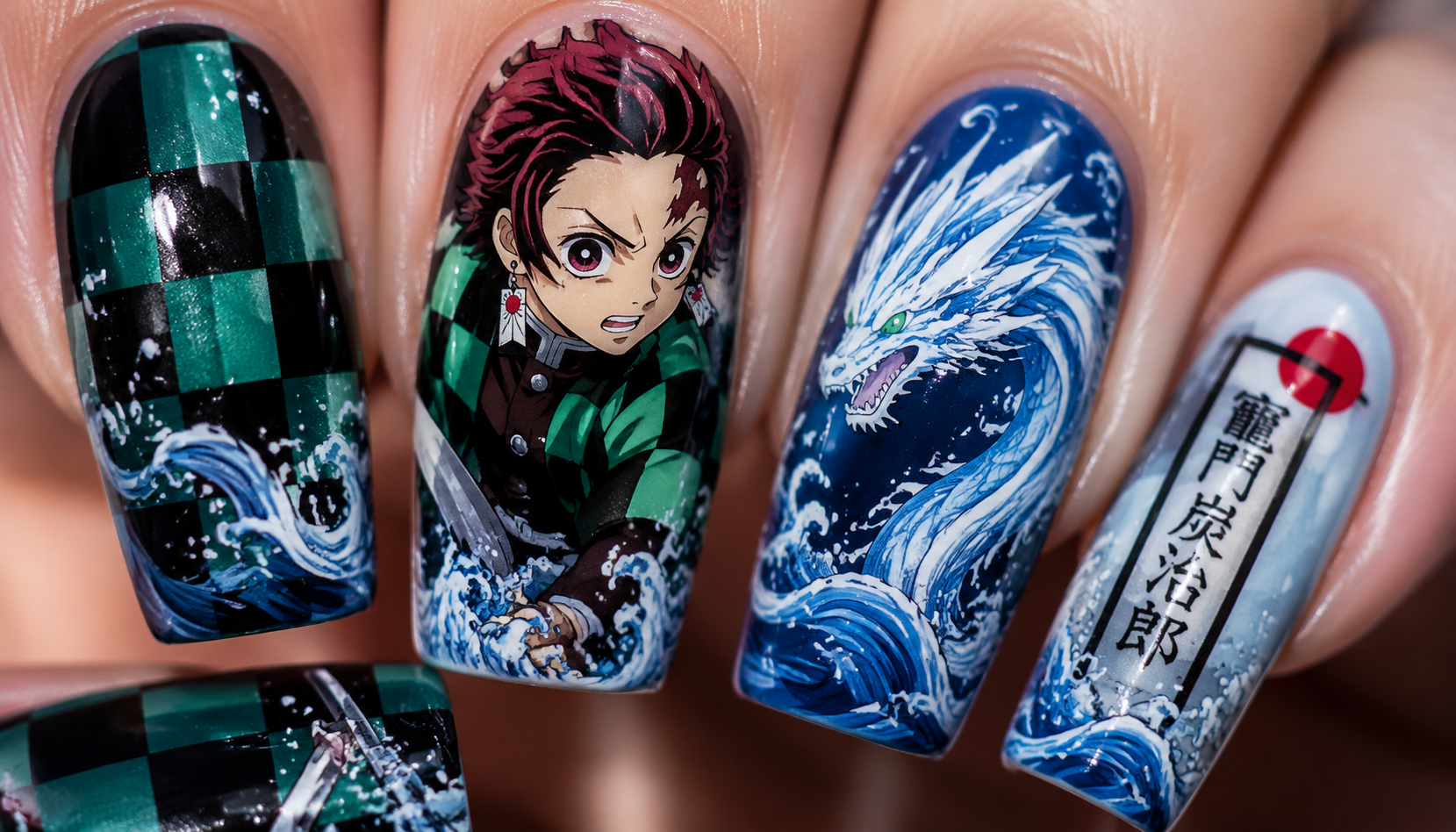 Detailed close-up of Tanjiro Kamado Water Breathing Checkerboard Pattern Nails custom handmade nail design