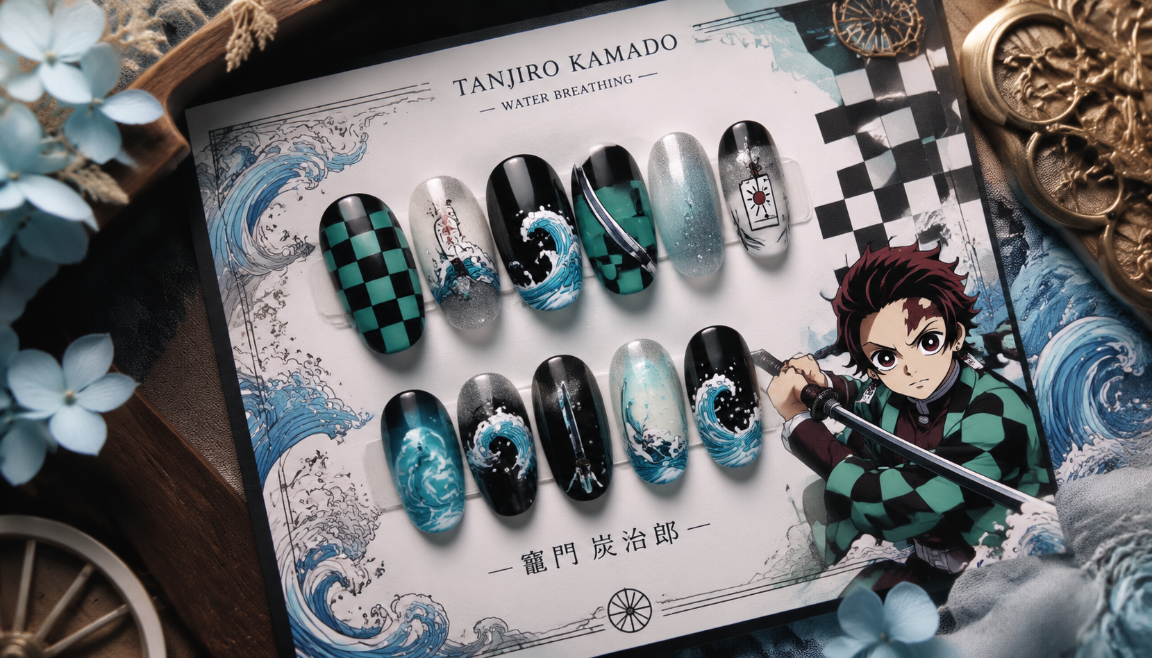 Handmade custom Tanjiro Kamado Water Breathing Checkerboard Pattern Nails worn on hand styling showcase