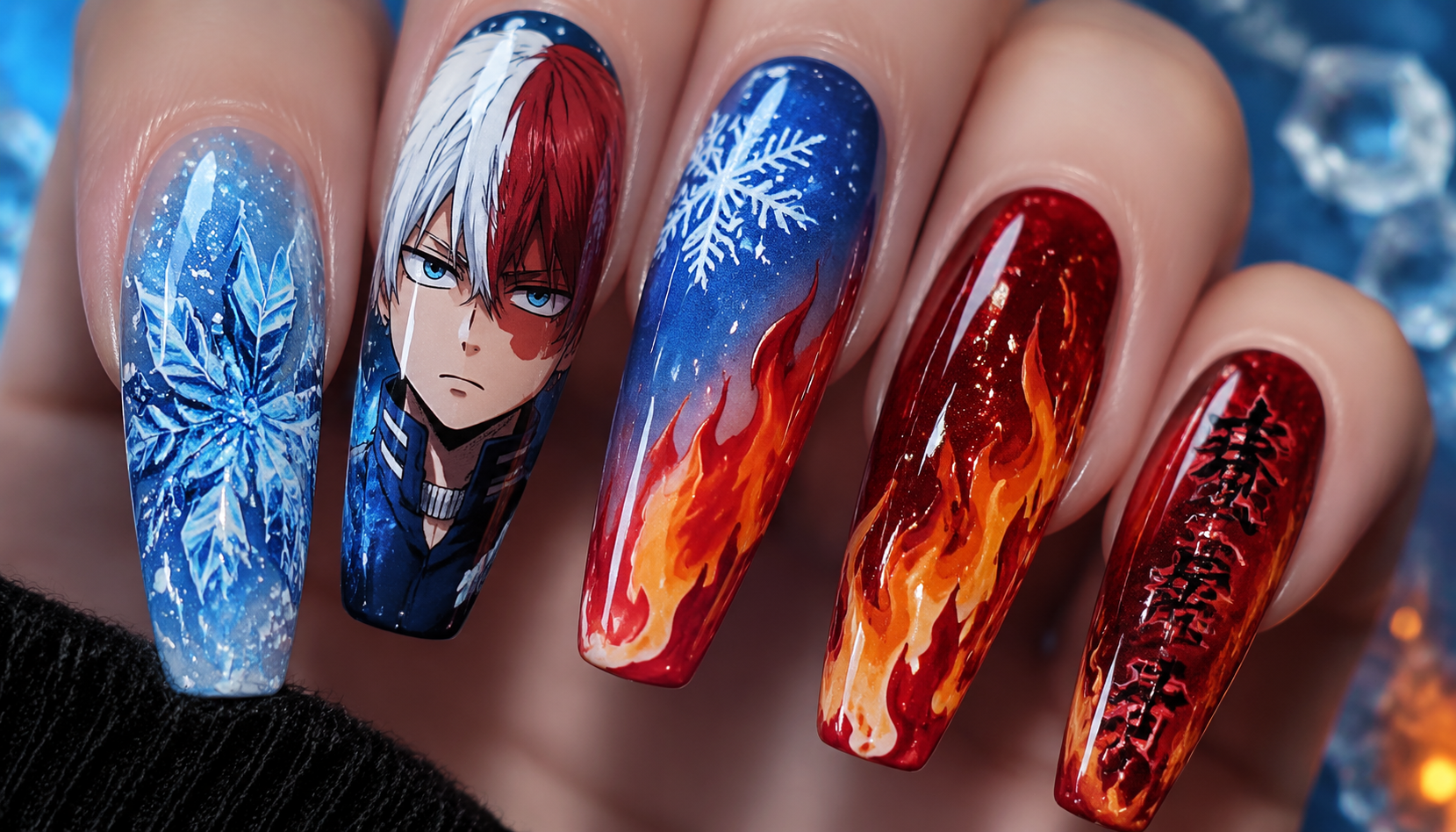 Detailed close-up of Todoroki Shoto Half-Cold Half-Hot Red Blue Nails custom handmade nail design