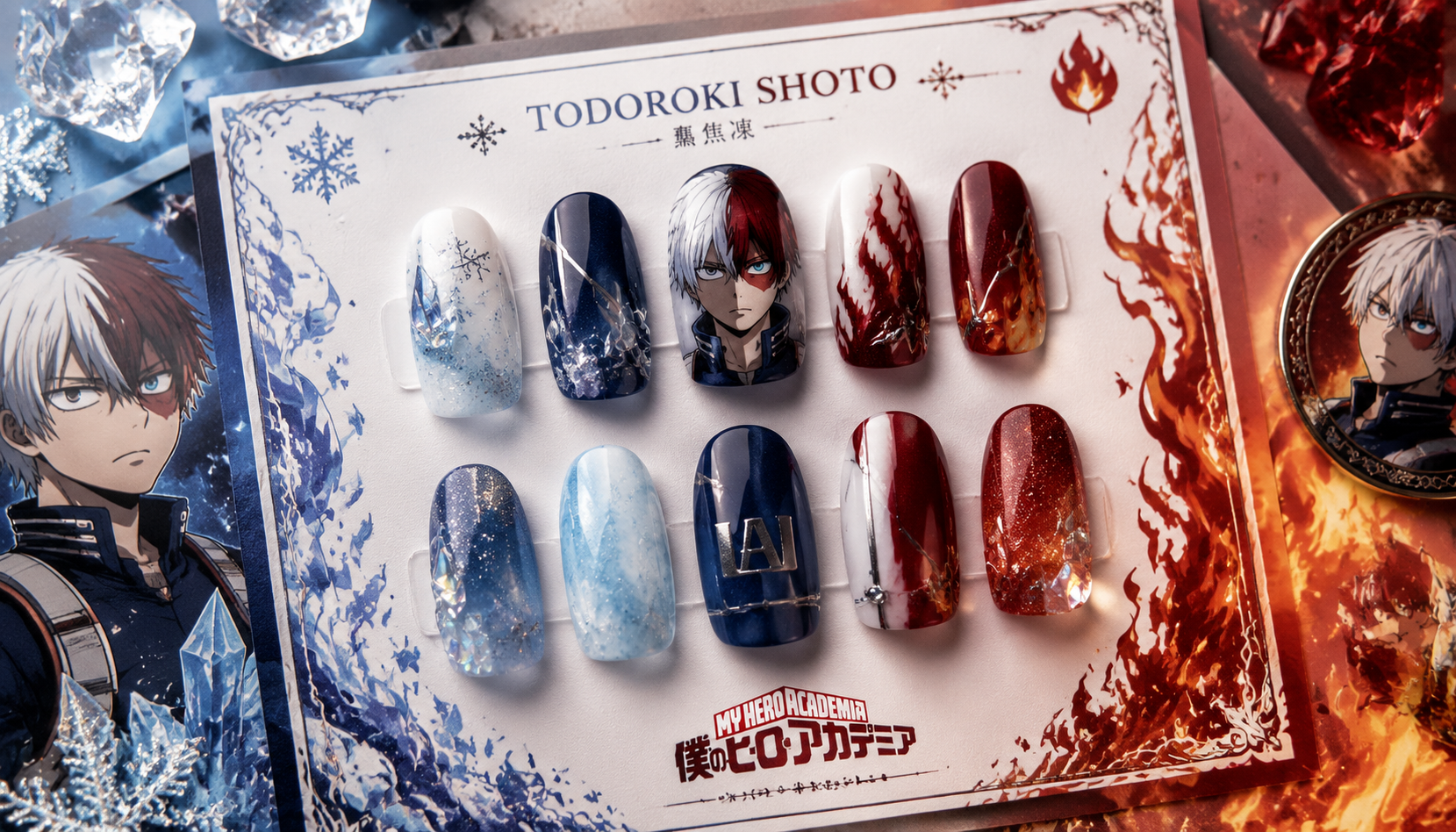 Handmade custom Todoroki Shoto Half-Cold Half-Hot Red Blue Nails worn on hand styling showcase