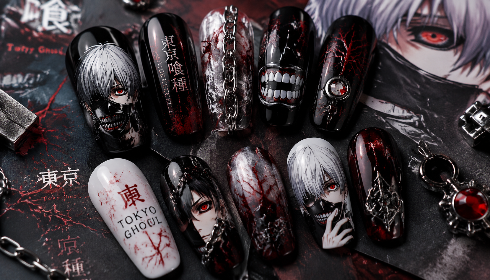 Detailed close-up of Tokyo Ghoul Press-On Nails: The Ultimate Dark Gothic Nail Aesthetic custom handmade nail design