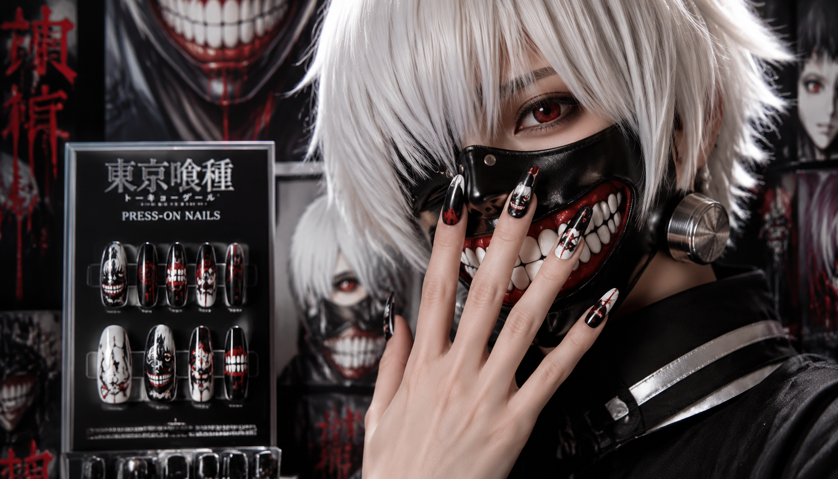Handmade custom Tokyo Ghoul Press-On Nails: The Ultimate Dark Gothic Nail Aesthetic worn on hand styling showcase