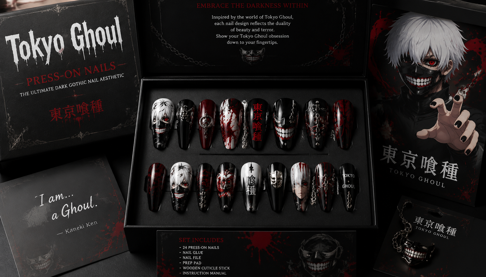 Luxury packaging box and prep kit for Tokyo Ghoul Press-On Nails: The Ultimate Dark Gothic Nail Aesthetic press-on nails set