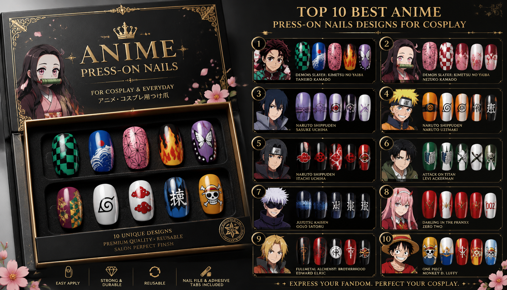 Luxury packaging box and prep kit for Top 10 Best Anime Press-On Nails Designs for Cosplay press-on nails set