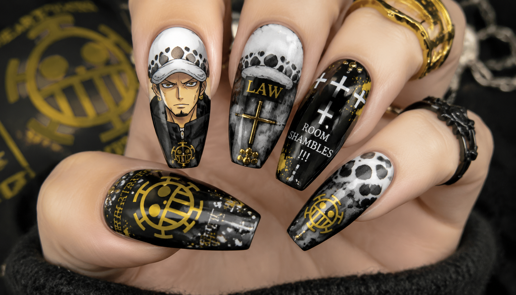 Detailed close-up of Trafalgar Law Room Heart-Pirates Aesthetic Nails custom handmade nail design