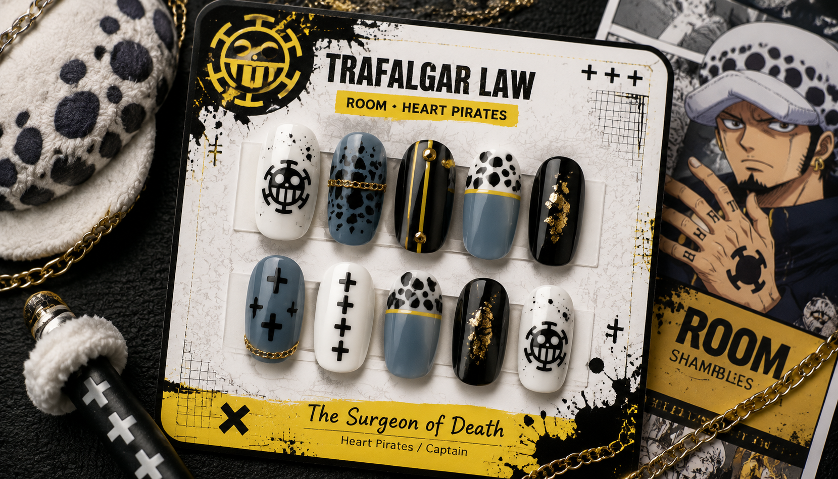 Handmade custom Trafalgar Law Room Heart-Pirates Aesthetic Nails worn on hand styling showcase