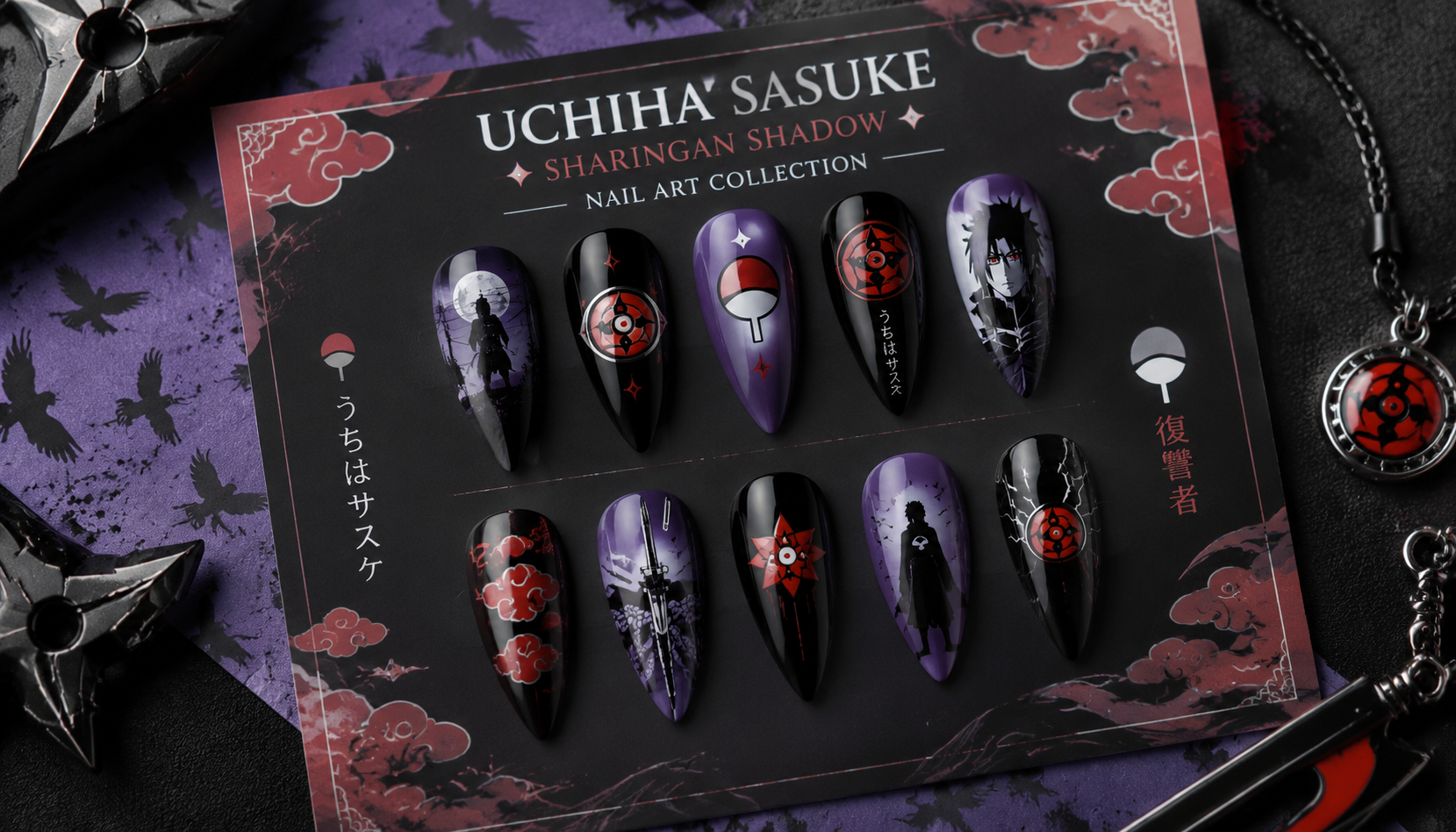 Handmade custom Uchiha Sasuke Sharingan Shadow Nail Art Collection worn on hand styling showcase