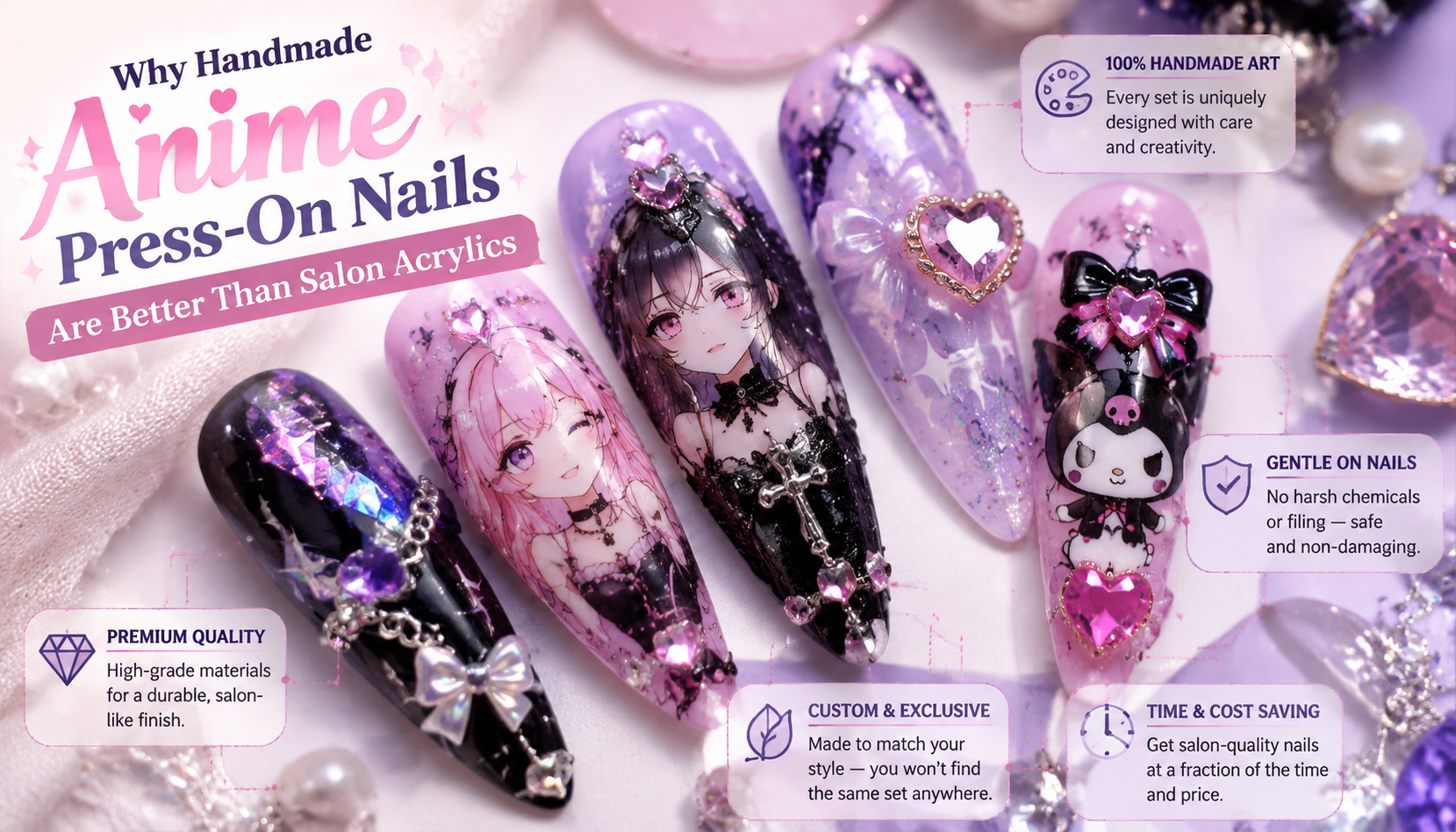 Detailed close-up of Why Handmade Anime Press-On Nails Are Better Than Salon Acrylics custom handmade nail design