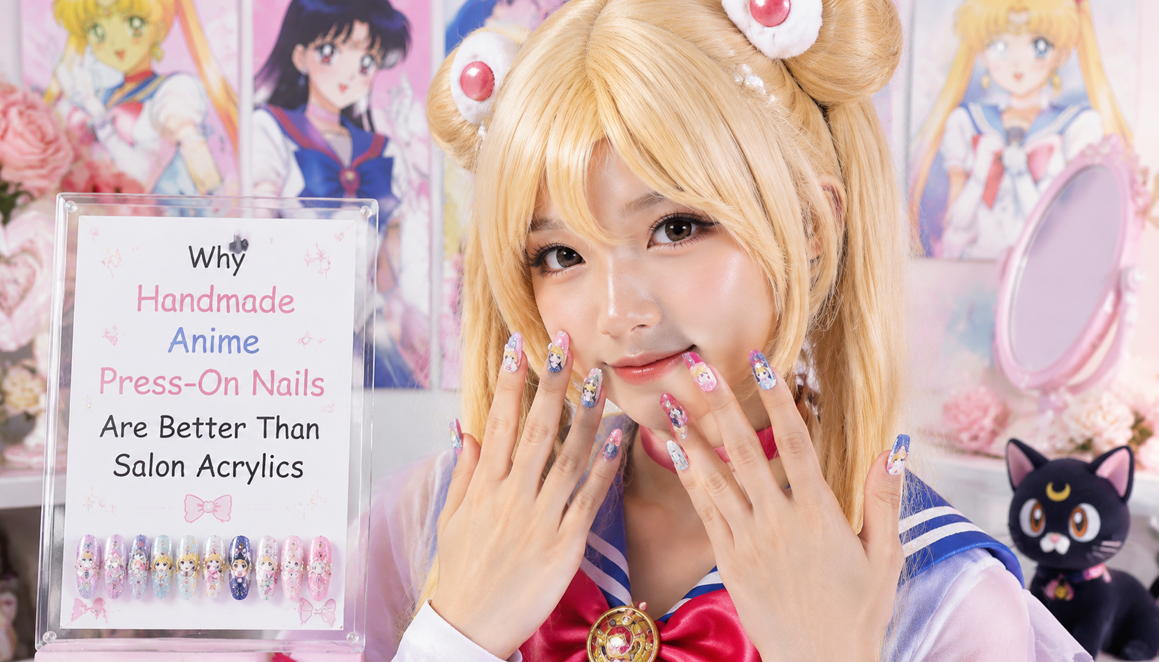 Handmade custom Why Handmade Anime Press-On Nails Are Better Than Salon Acrylics worn on hand styling showcase
