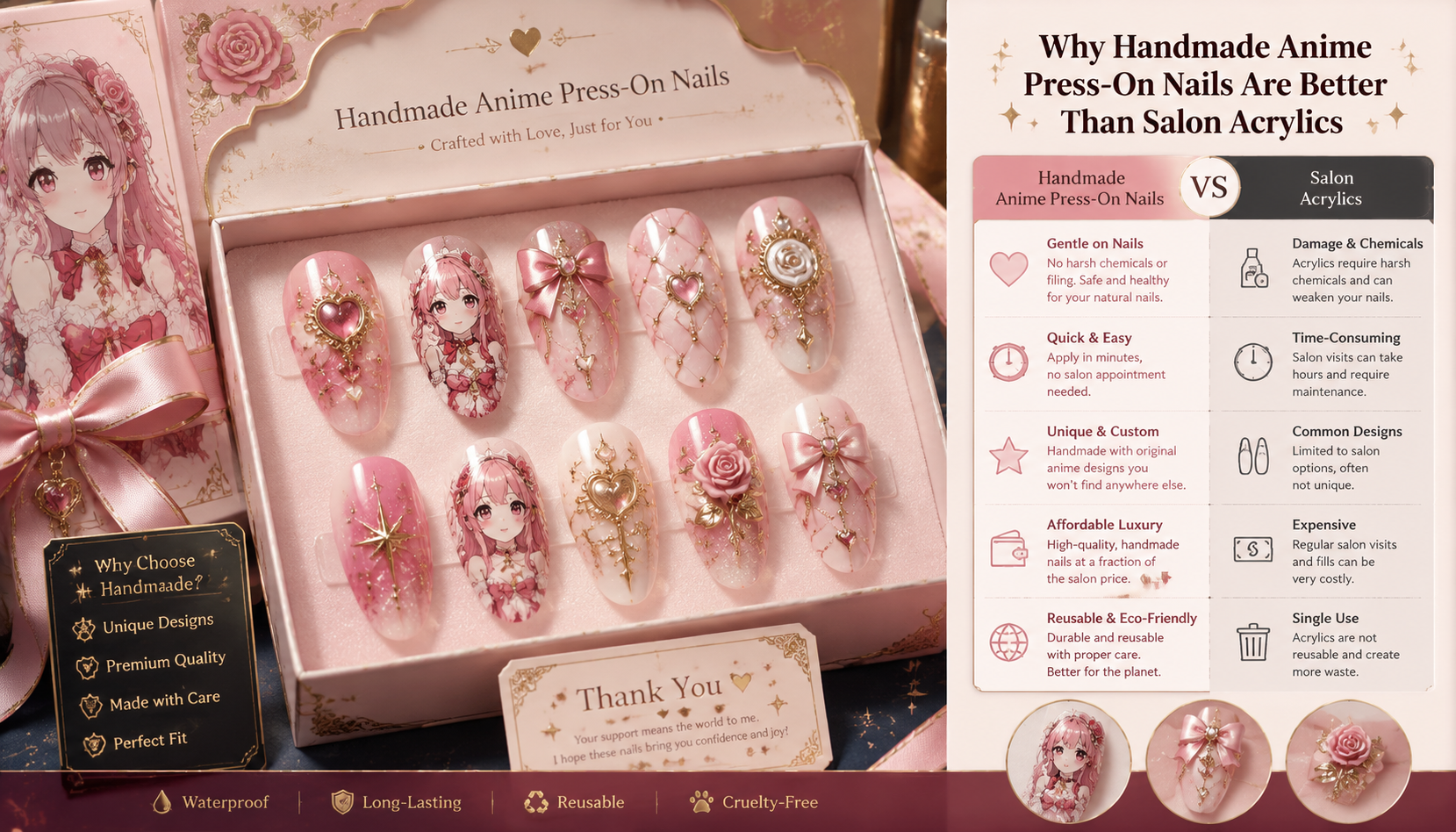 Luxury packaging box and prep kit for Why Handmade Anime Press-On Nails Are Better Than Salon Acrylics press-on nails set