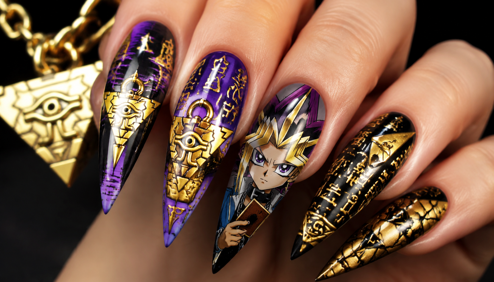Detailed close-up of Yu-Gi-Oh Yugi Muto Millennium Puzzle Gold Pyramid Nails custom handmade nail design