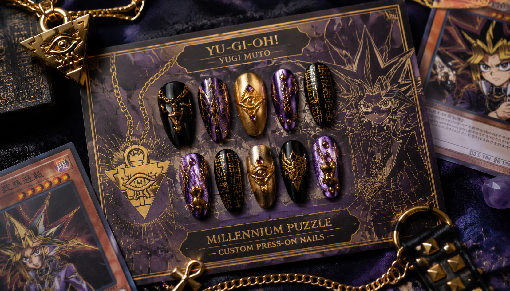 Handmade custom Yu-Gi-Oh Yugi Muto Millennium Puzzle Gold Pyramid Nails worn on hand styling showcase