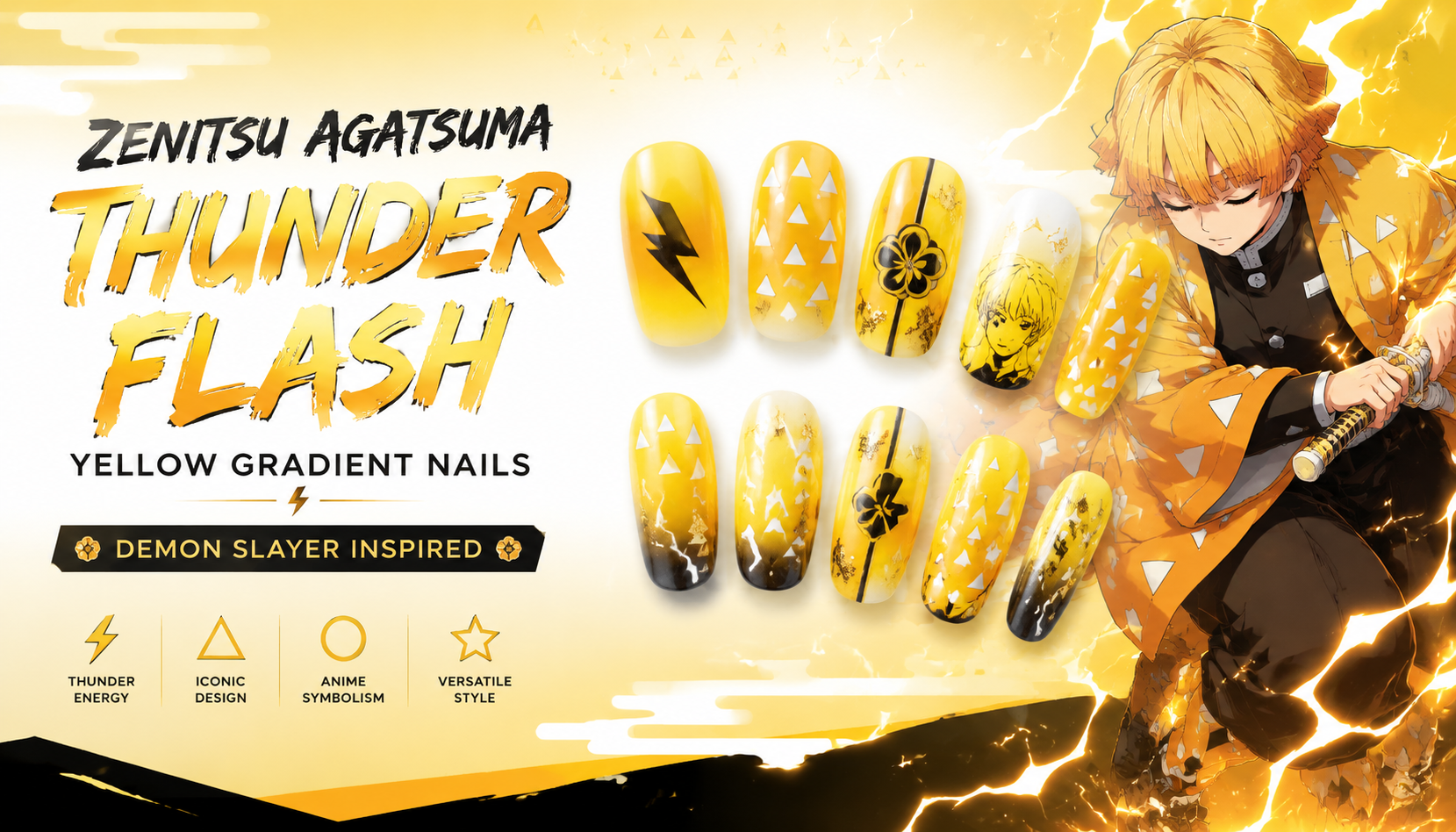 Zenitsu Agatsuma Thunder Flash Yellow Gradient Nails
