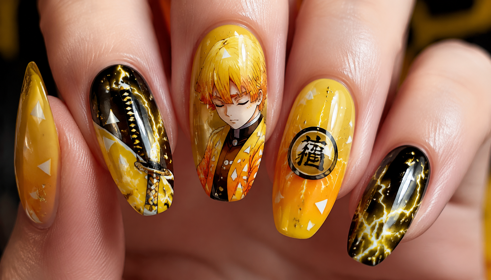Detailed close-up of Zenitsu Agatsuma Thunder Flash Yellow Gradient Nails custom handmade nail design