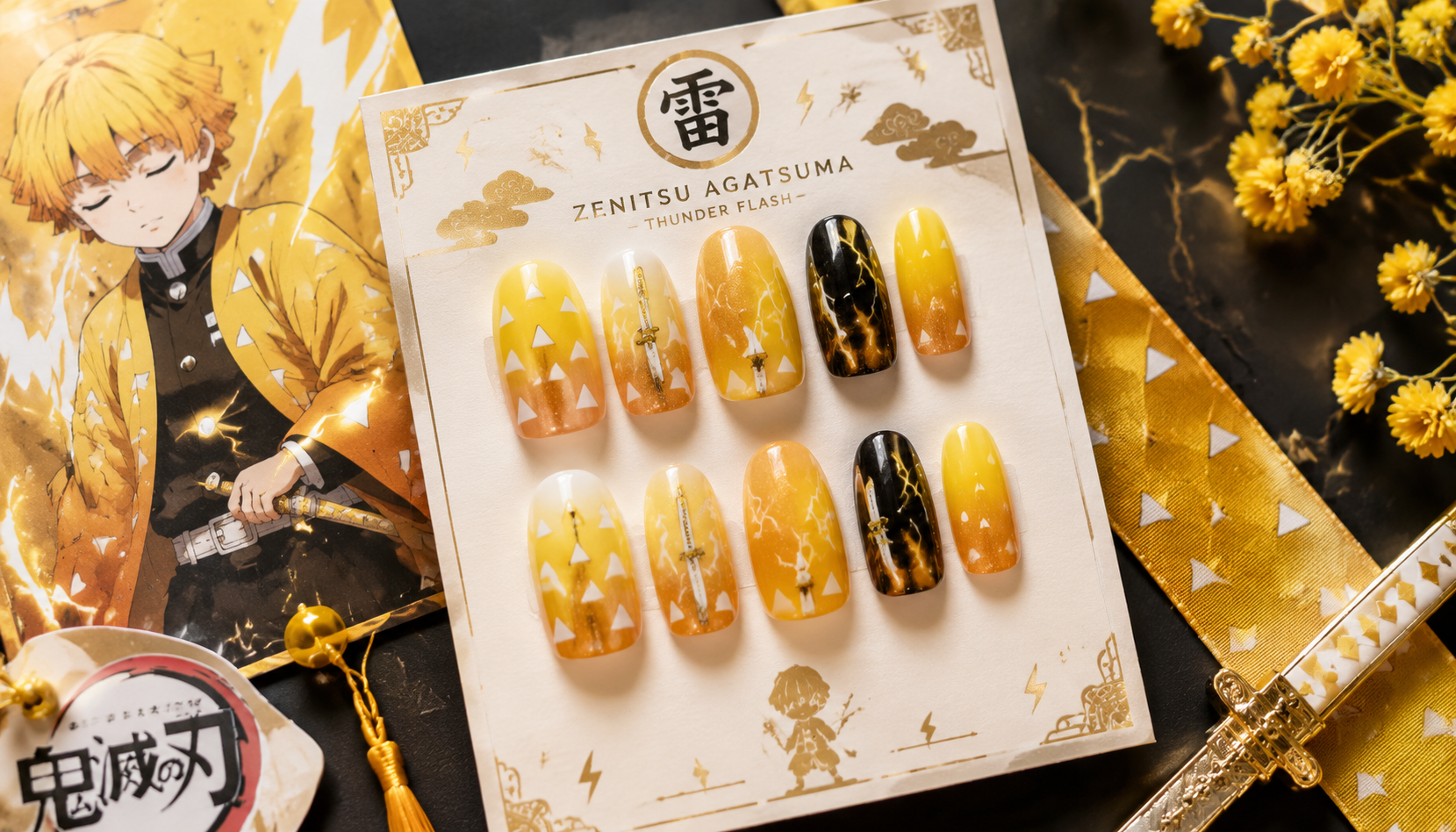 Handmade custom Zenitsu Agatsuma Thunder Flash Yellow Gradient Nails worn on hand styling showcase